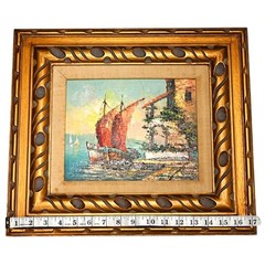 Pair Mid-Century Oil Paintings Signed Rico + Harbor Scene–Palette Knife–Framed