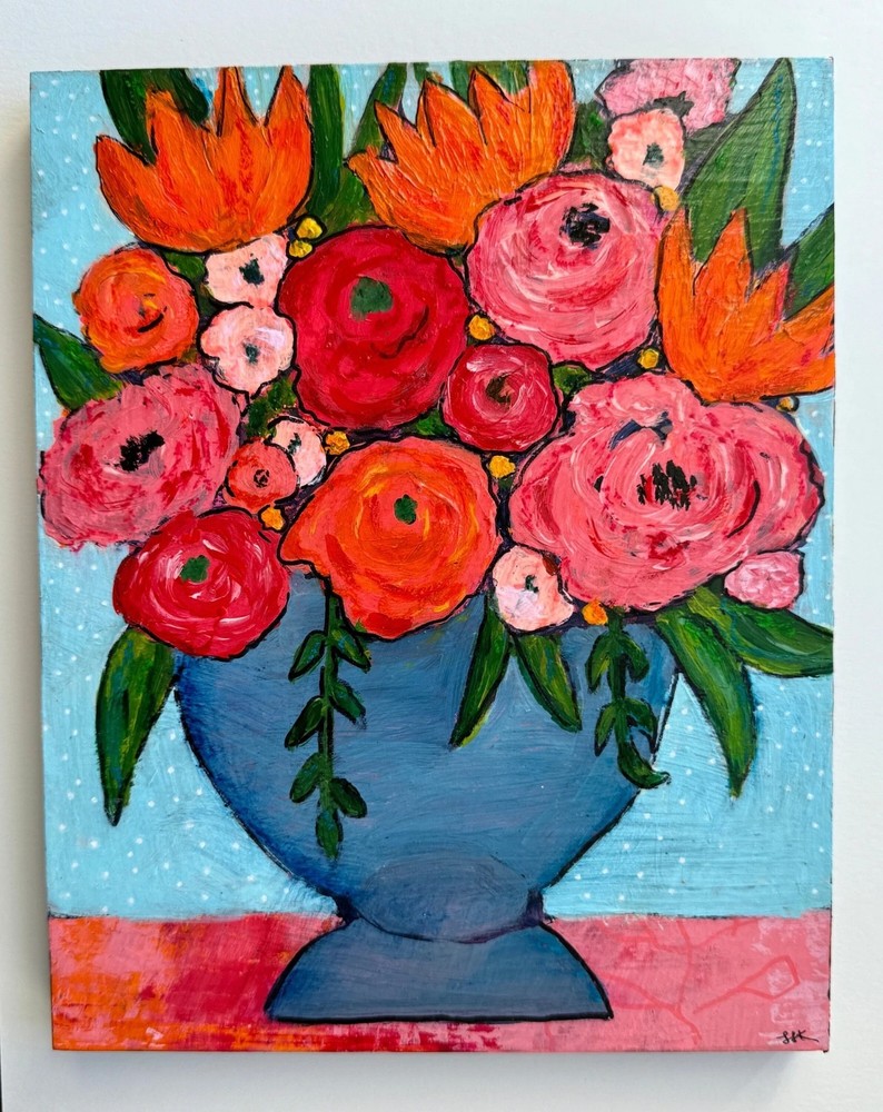 Abstract Flower Acrylic Painting: Colorful Floral Art on Hard Board – Fine Art