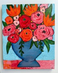 Abstract Flower Acrylic Painting: Colorful Floral Art on Hard Board – Fine Art