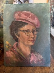 Vintage Mid Century Original Oil Portrait Painting Artist Woman Pink Hat Signed