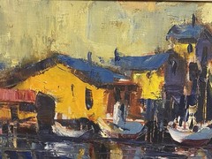 Ben Abril(1923-1995)“Harbor Cannery“ Coastal Abstract Oil on Canvas Art Painting