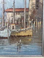 Original Oil Painting Art Fishing Boats Northern Harbor Seascape Signed W. Jones