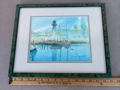 Framed art water coastal scene lighthouse boat 12×15 signed SEE PICS