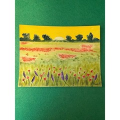 Hand painted watercolor original painting field of poppies and wildflowers
