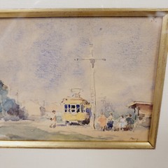 JAMES R JACKSON WATERCOLOR CABLE CAR CITY PEOPLE HOUSES FRAMED MATTED ART SIGNED