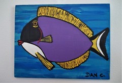 Outsider Original Painting Folk Art Powder Blue Purple Tang Tropical Fish Dan C