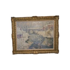MAMMOTH 41×38 Original J. Roy Oil Painting – Winter Village – Listed Artist
