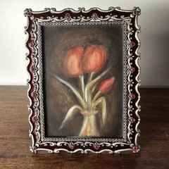Original Signed Tulip Oil Painting, Moody Impressionist Floral Art 6.5″x8.5″