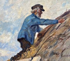 Axel AABRINK (1887-1965) landscape with man repairing the roof, oil painting