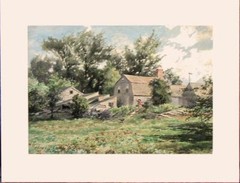 Large Henry Newell Cady Watercolor Shooing Chickens by a New England Cottage