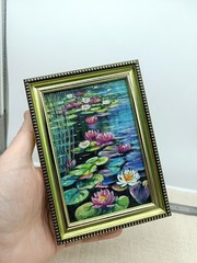 Water Lilies Original Oil Painting 6×4 Framed Signed Lotus Lake Landscape Art