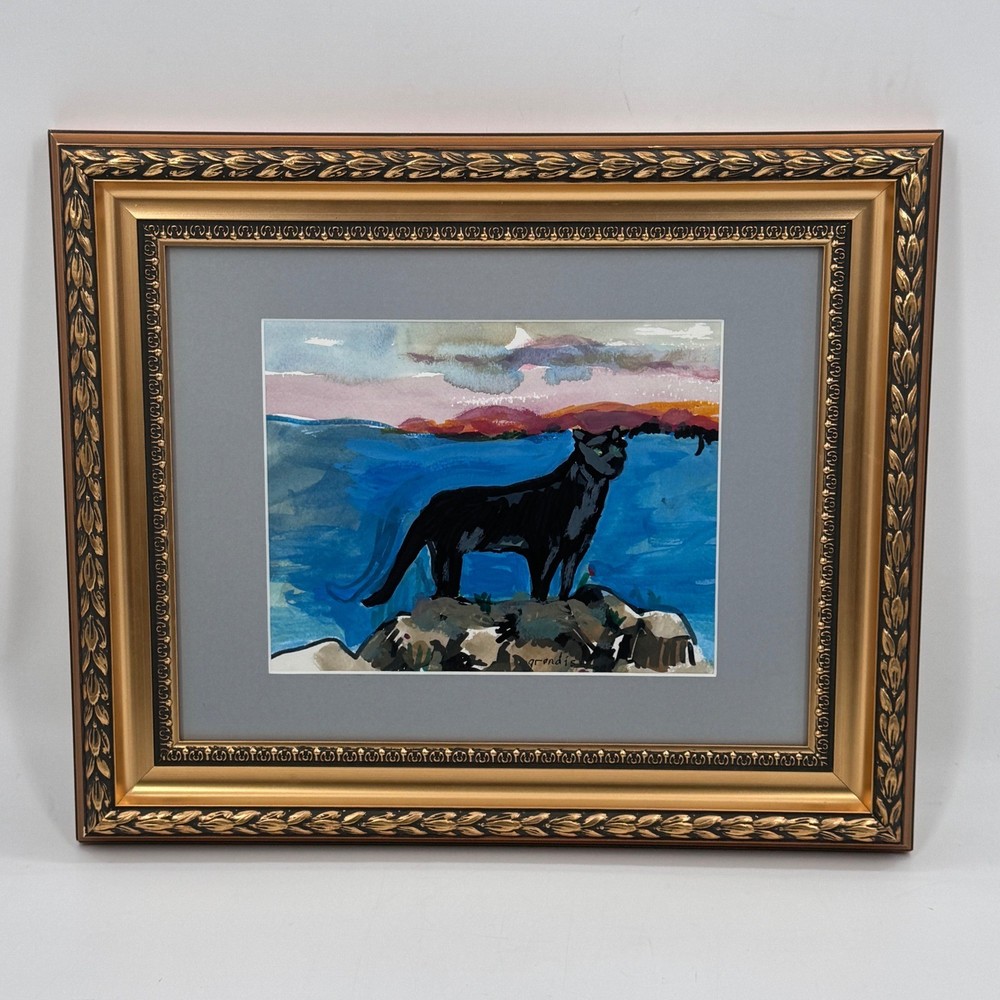 Barbara Grandis Signed Panther Landscape Watercolor & Gouache on Paper