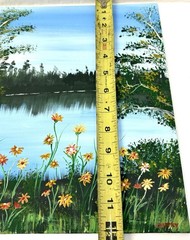 Original Oil Painting Lake or Pond Scene Landscape Flowers Trees 12×9 Unframed
