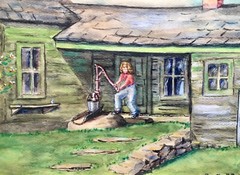 Vintage 50s Folk Art Country Cottage House Watercolor Painting Well Water Pump