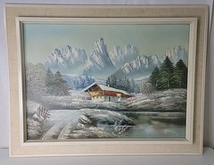 Winter Home In The Mountains Painting, 25″ X 33″ With Frame, Read Description