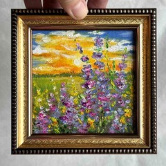Summer Original Oil Painting Canvas Landscape Wildlowers Wall Art 4 x 4 in