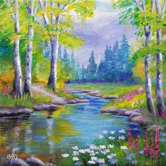 Summer Peace Landscape Acrylic Painting River Forest Nature Canvas Artwork 8×8