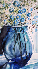 Floral Still Life Watercolor Painting Blue Forget-Me-Nots in Glass Vase Art A4