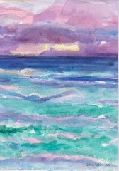 7 x 5 Original Pastel Evening Seascape Watercolor Painting, Vertical OOAK
