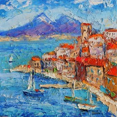 Original Sicily Italy Oil Painting Cefalu Harbor Seascape 8×8″ Impasto Art