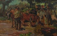 Oil on Masonite Small Work European Farming Harvest Scene – Illegibly Signed