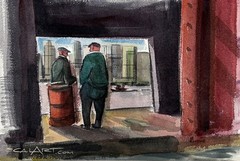 1950s Narrative American Regionalist Watercolor Industrial Harbor Wharf Scene