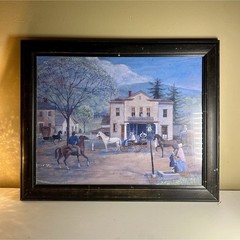 Katie Berry Signed Framed Folk Art Painting on Canvas – Horses, Carriage, People