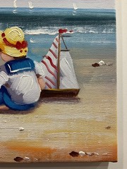 Oil Painting 8×10” Children playing in sand, sandcastles and toy boat, blue sky