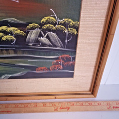 Vintage Asian Painting on Silk / Bamboo Framed w/ Weave Matting Midcentury