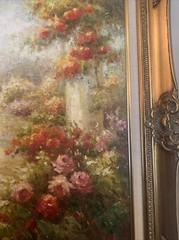 Beautiful European garden scene oil on canvas Framed￼ 27 1/2 “wide￼ 31 1/4 Tall