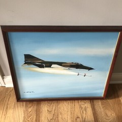 Military Fighter Plane with Falling Missile Painting by K Chong ? 1978