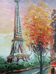 Oil Painting Signed Marius Paris In The Fall Scene Eiffel Tower 8 x 10 Inches