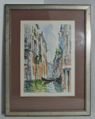 Watercolor & Ink on Paper, Venice Canal Signed Silver Framed with Brown Matting