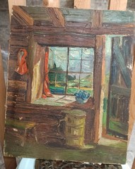 Antique Impressionist Oil Painting 20th Century. Interior scene. Bedroom.
