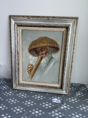vintage oil painting on canvas depicting Man Smoking Bamboo Pipe Signed 22”X19”