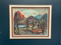 Swedish Oil on Canvas – “Hut Between Hills” by B. Elvsfedt – 1962– 83 × 70 cm