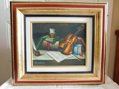 Oil on Canvas W.Jenkins (20th) “ Still Life Choose Violin Candle And Books „
