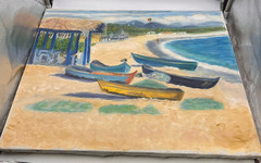 Vintage Seascape Oil Painting Boats Ocean Original Art 20×24 Canvas Unsigned