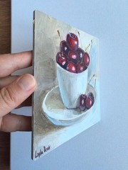 Sweet ripe cherry fruit still life oil painting 6×6″
