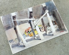 Vintage DORY FISHING FLEET MARKET NEWPORT, CaLiFoRnia 1960s Regionalist Painting