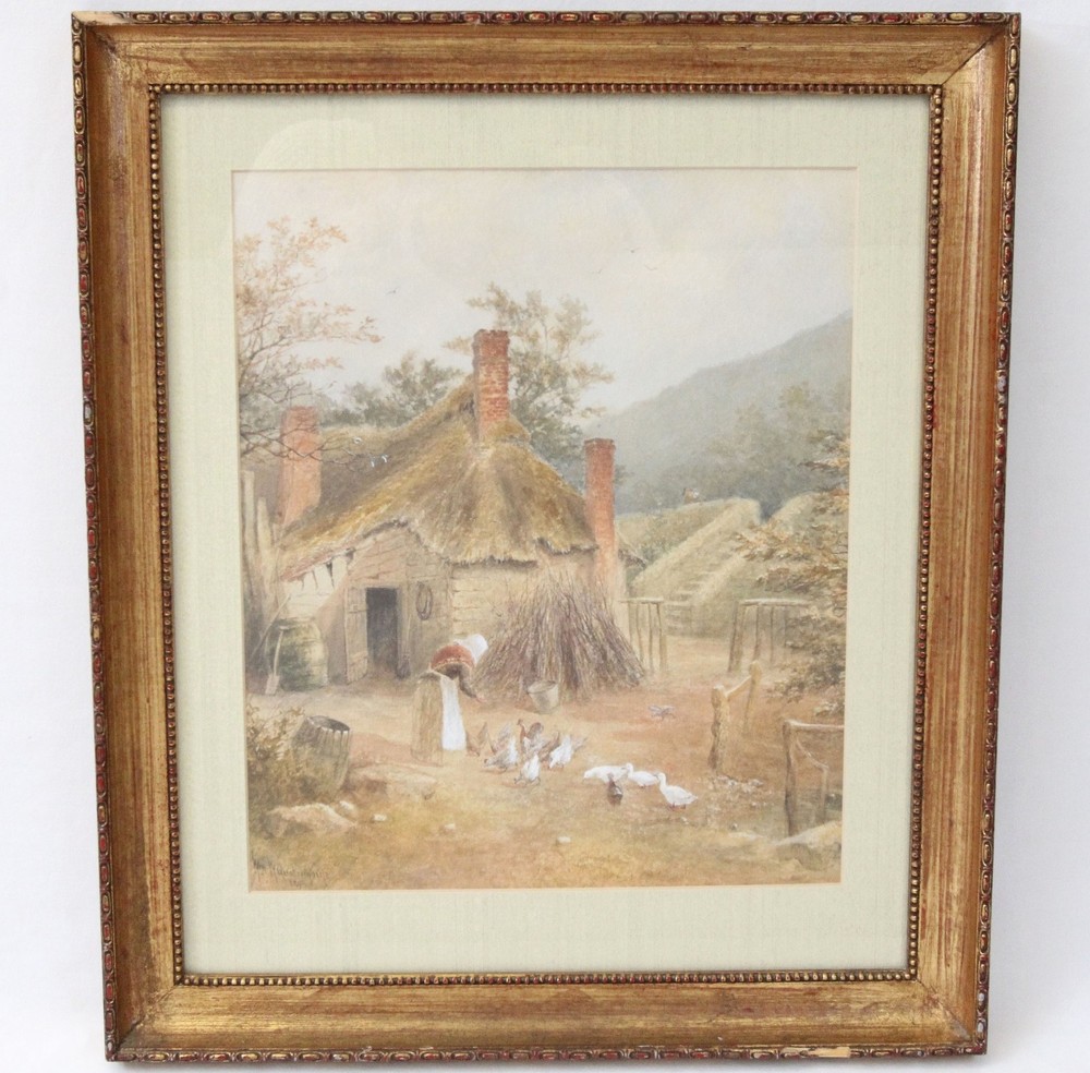William Wells Quatremain 1896 Antique English Watercolor Painting Woman Chickens