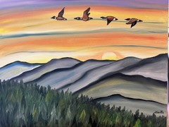 Original oil painting 11 x 14 inches blue ridge mountains with geese at sunset