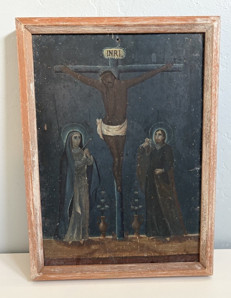 19th Century Retablo Antique Mexican Oil on Tin Painting Crucifixion of Christ