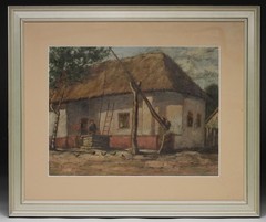 19thC. Illegibly Signed European Woman At Well W/ Chickens Landscape Painting