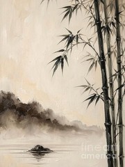 new handmade Painting on 16″*20″ canvas BAMBOO BESIDE LAKE VIEW by Wendy
