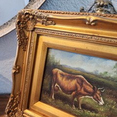 Vintage Cow Landscape Oil Painting on Canvas, Signed, Ornate Frame