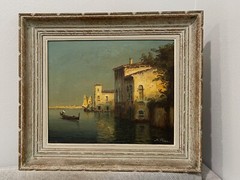 Vintage Aldo Pisani Signed Italian Oil on Canvas Painting Coastal City Scene