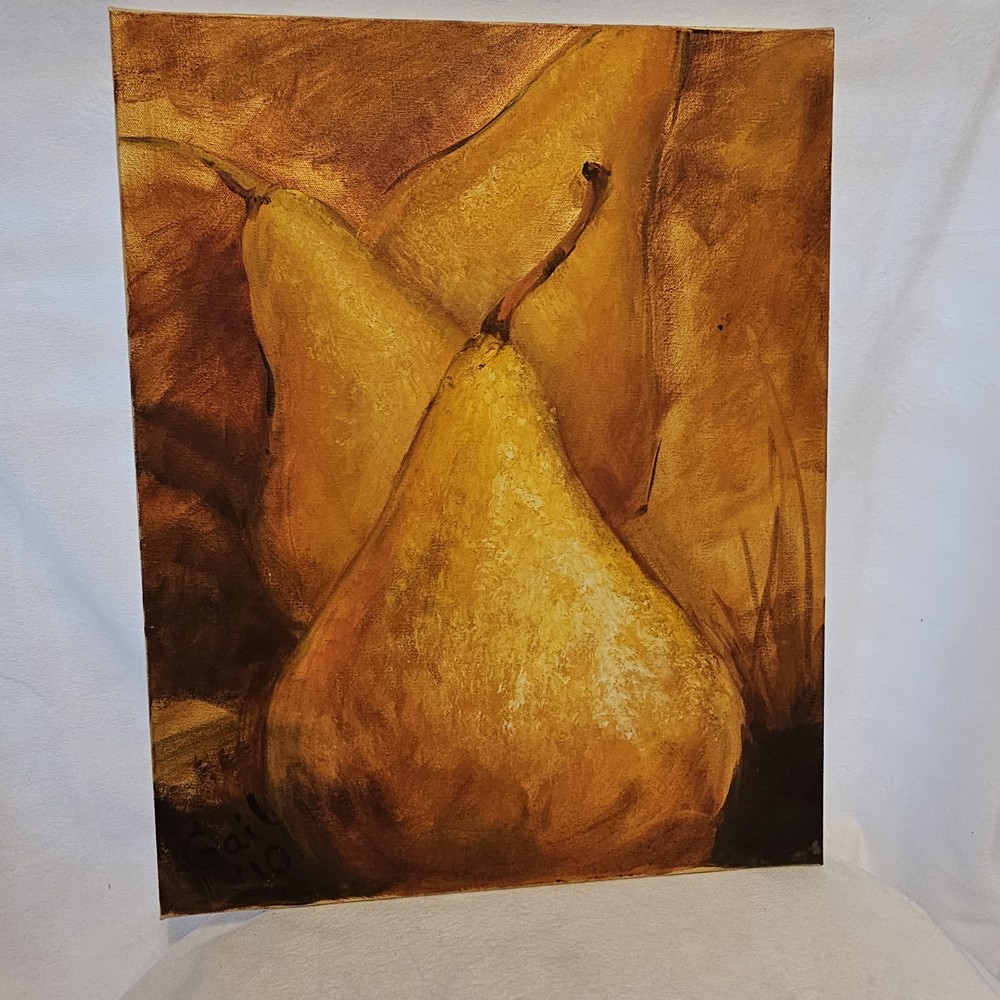 Golden Pears Oil Painting 19.5x16in Artist Signed Gail ’10 Wood Frame Mounted