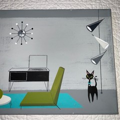Atomic hand painted original PAINTING modern 50s Jetson look rocket cat