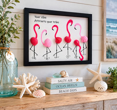 HANDMADE FLAMINGO ART- „Your Vibe Attracts Your Tribe“- Sea Shells in Shadow Box